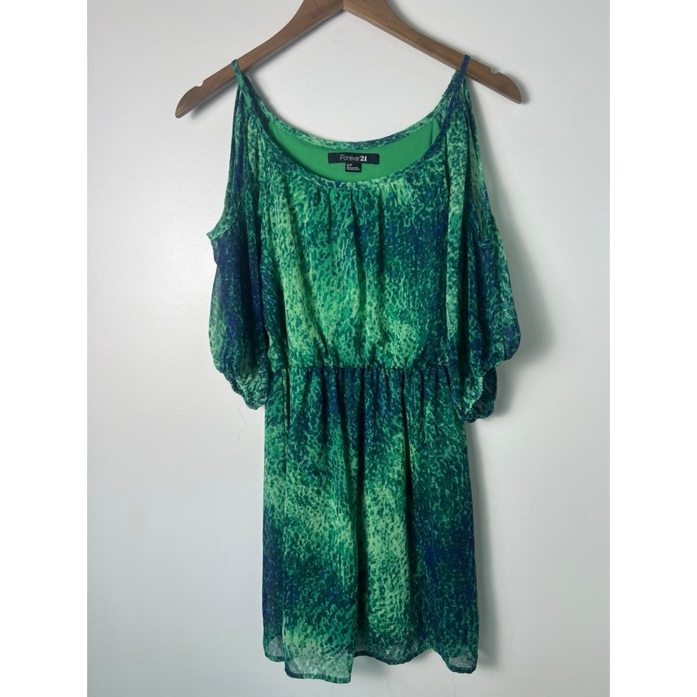 Sm/P Green Blue Abstract Animal Cold Shoulder Fairy Mini Dress Forest Goblin Y2K